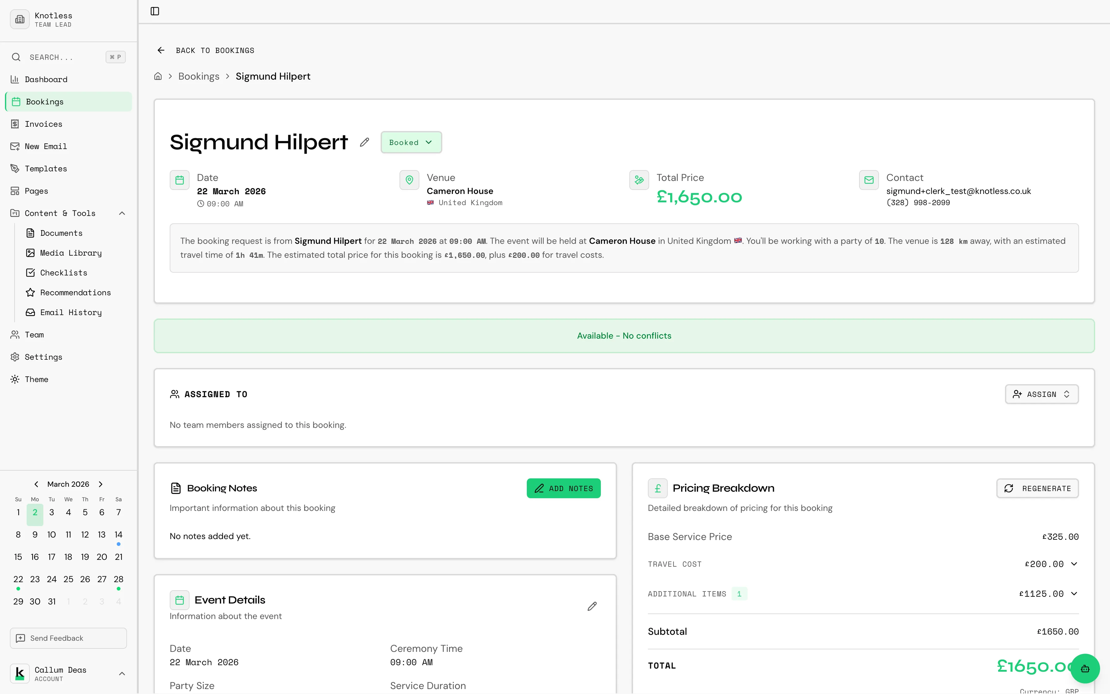 Booking detail page showing the hero section with status, client, and venue