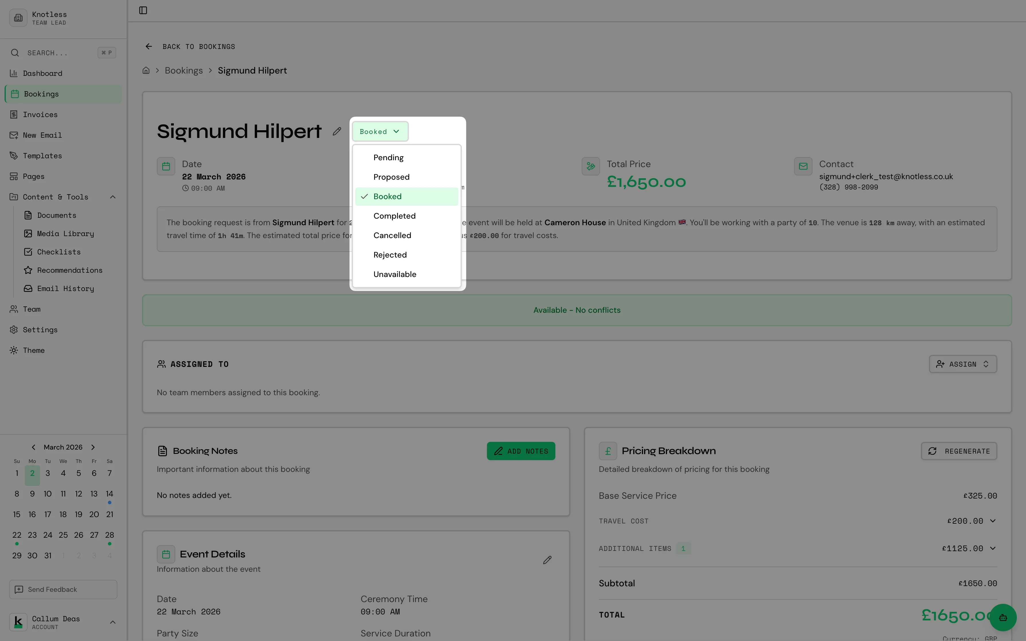 Booking status dropdown with all options visible