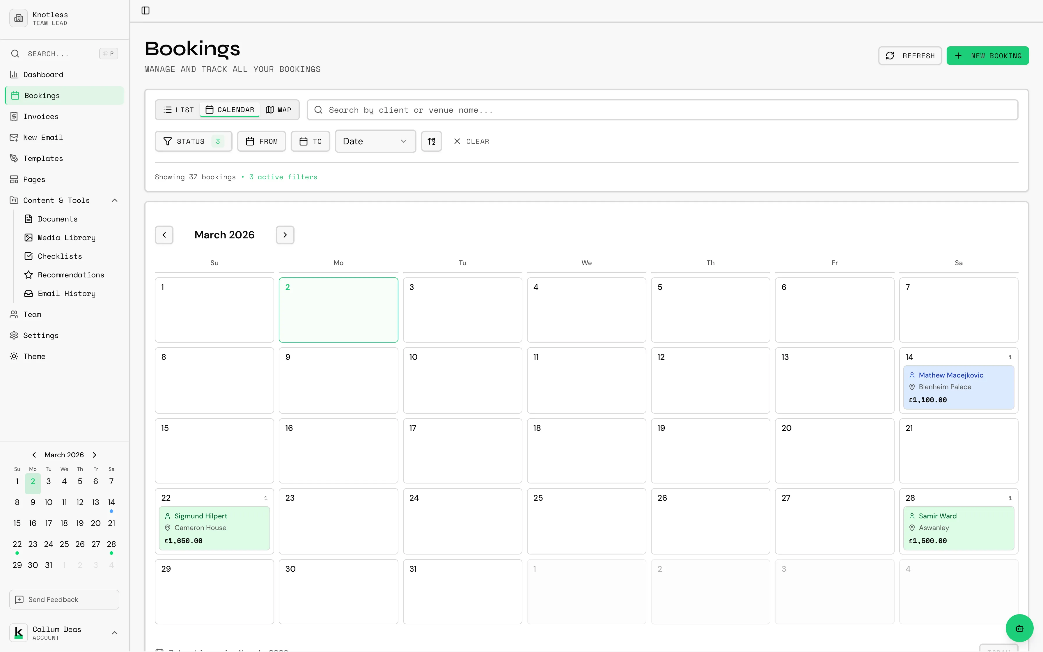 Calendar view showing bookings on different dates