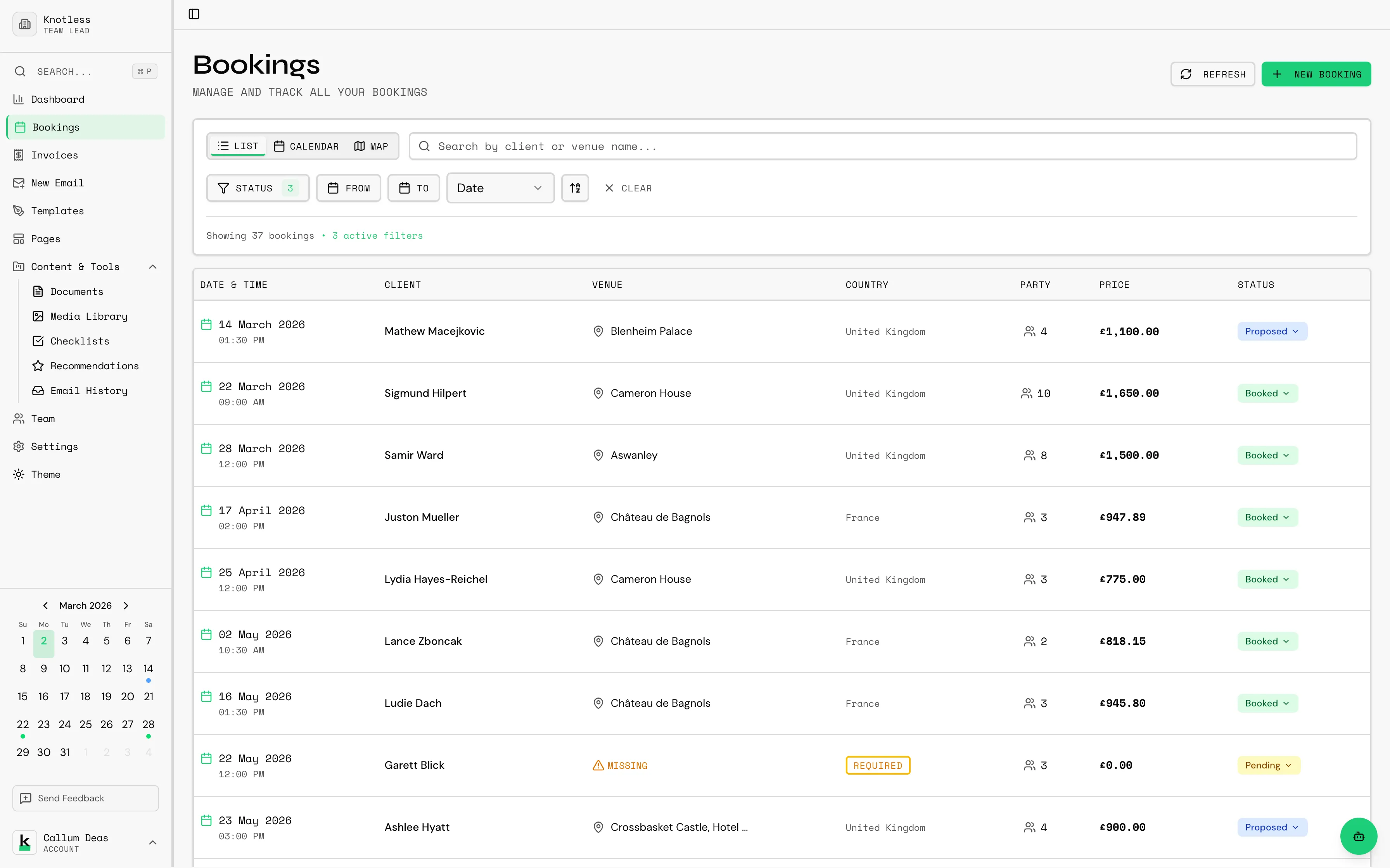 Bookings page showing the list view with status badges