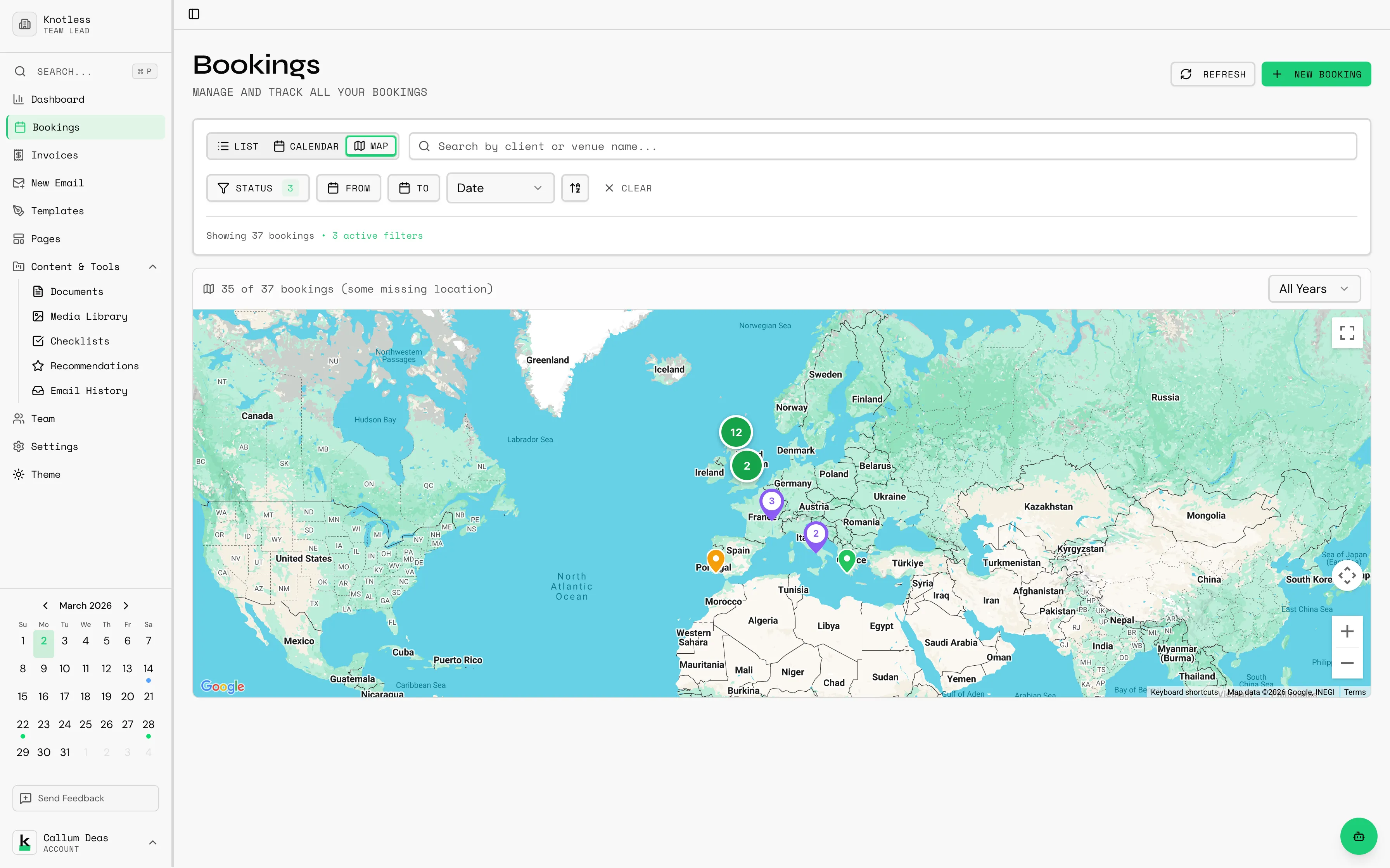 Map view showing booking pins on a map