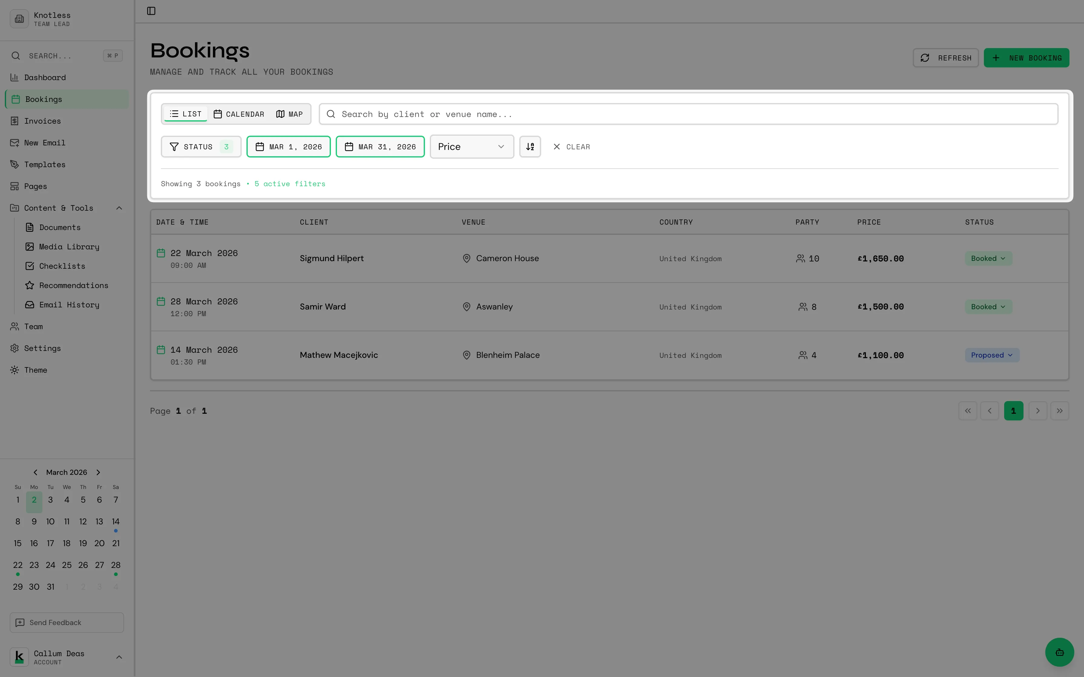 Search bar and filter dropdowns