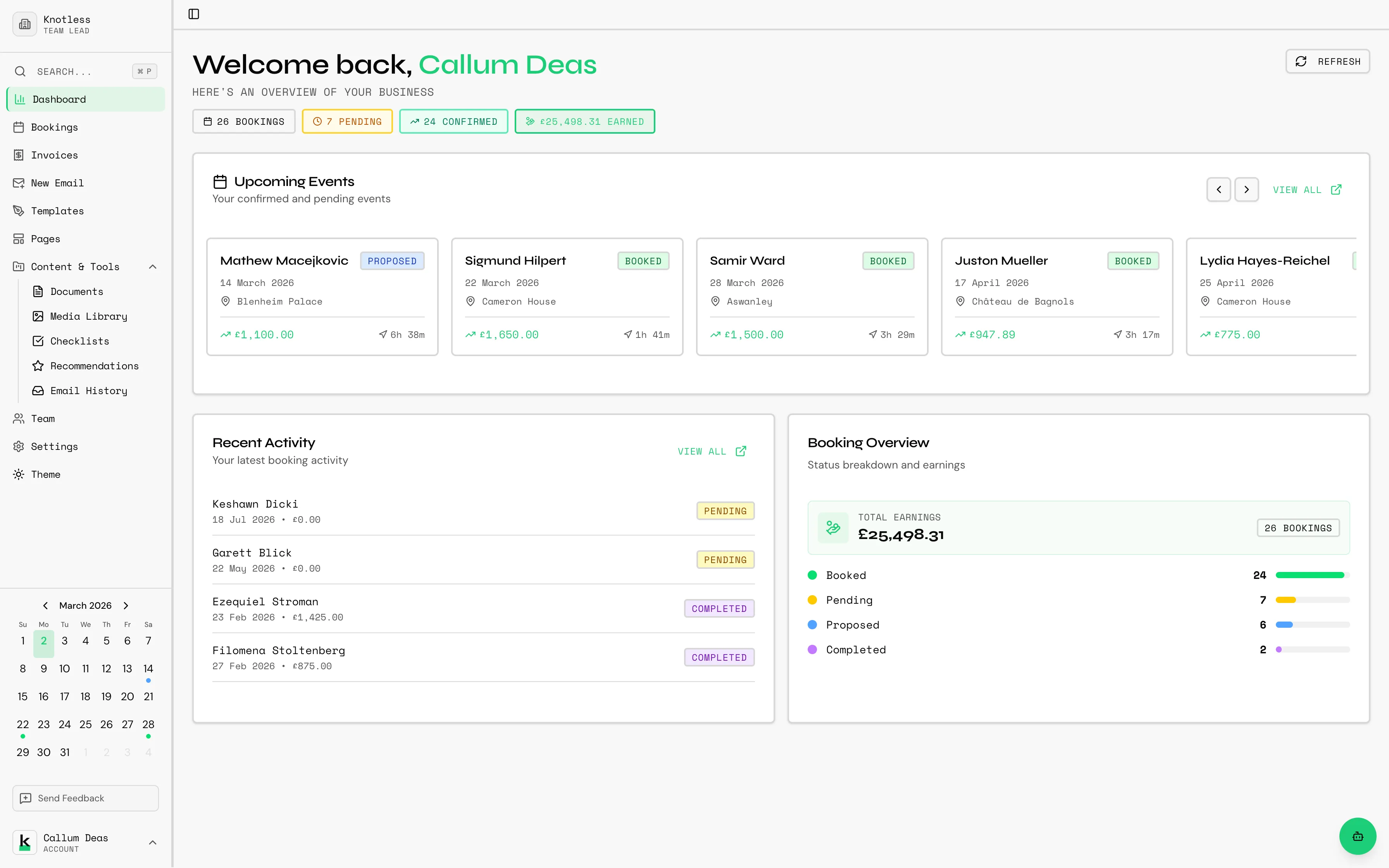 Main dashboard showing stats cards, upcoming events, and recent activity