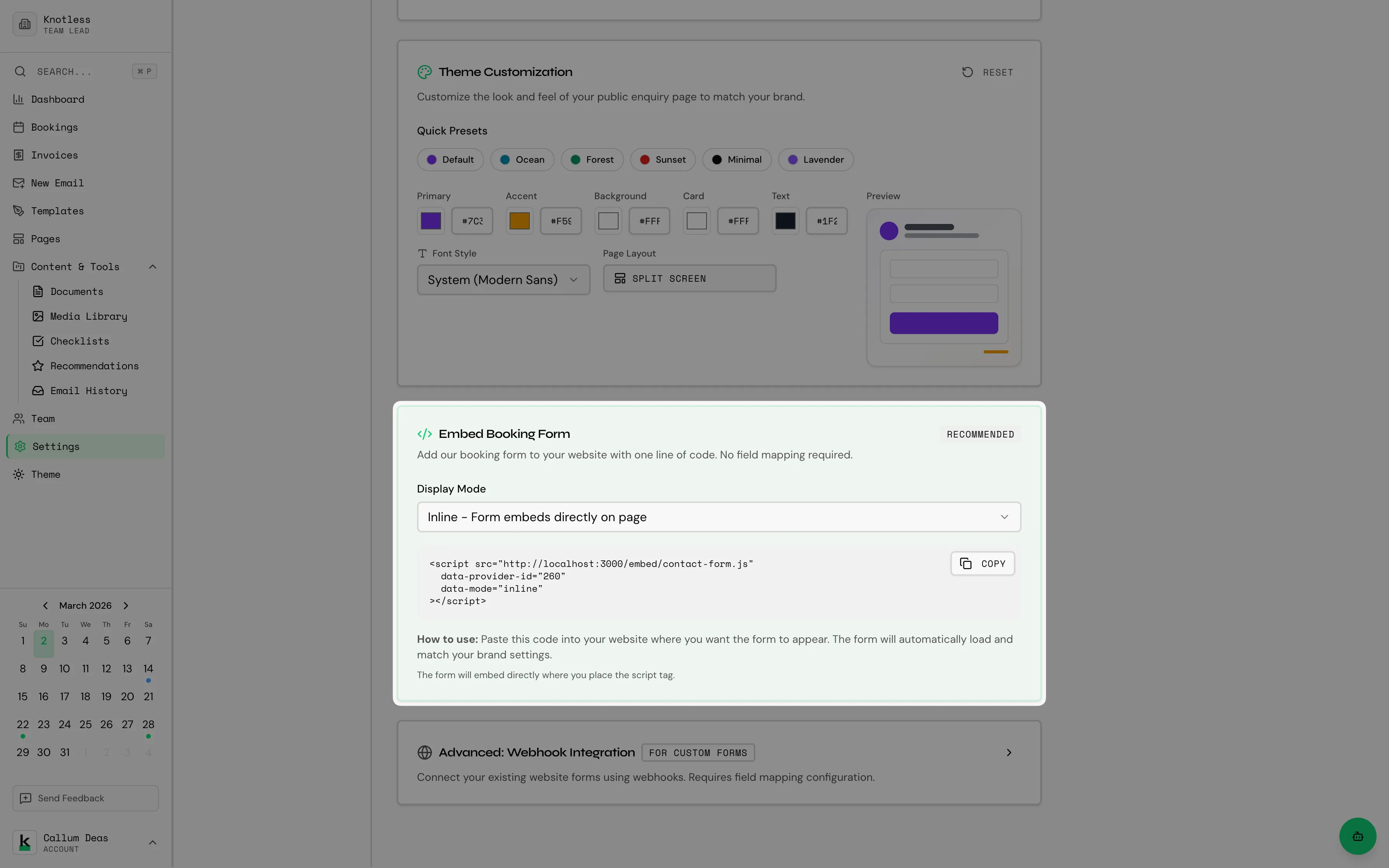 Embed code copy section