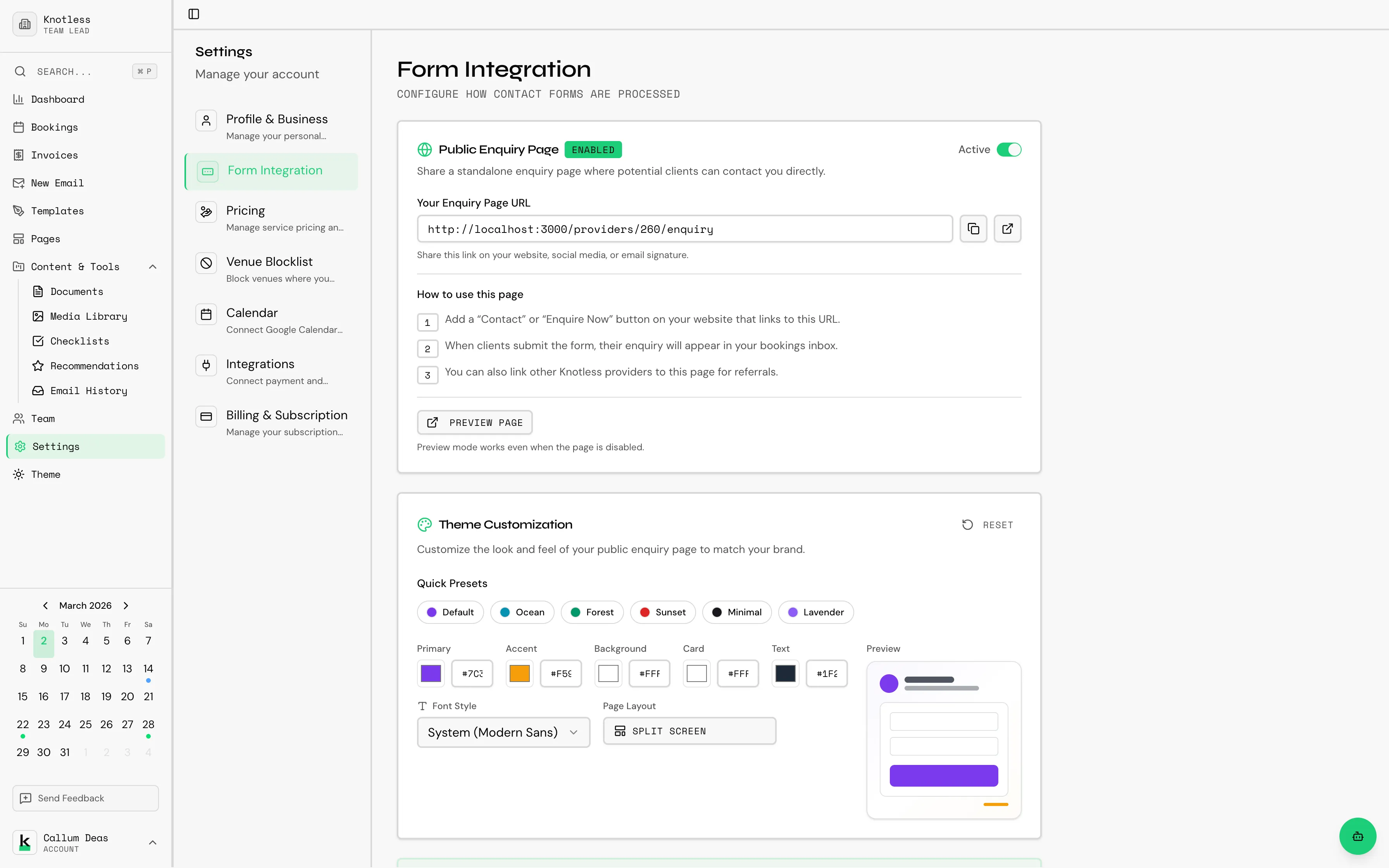 Form settings page showing customisation options
