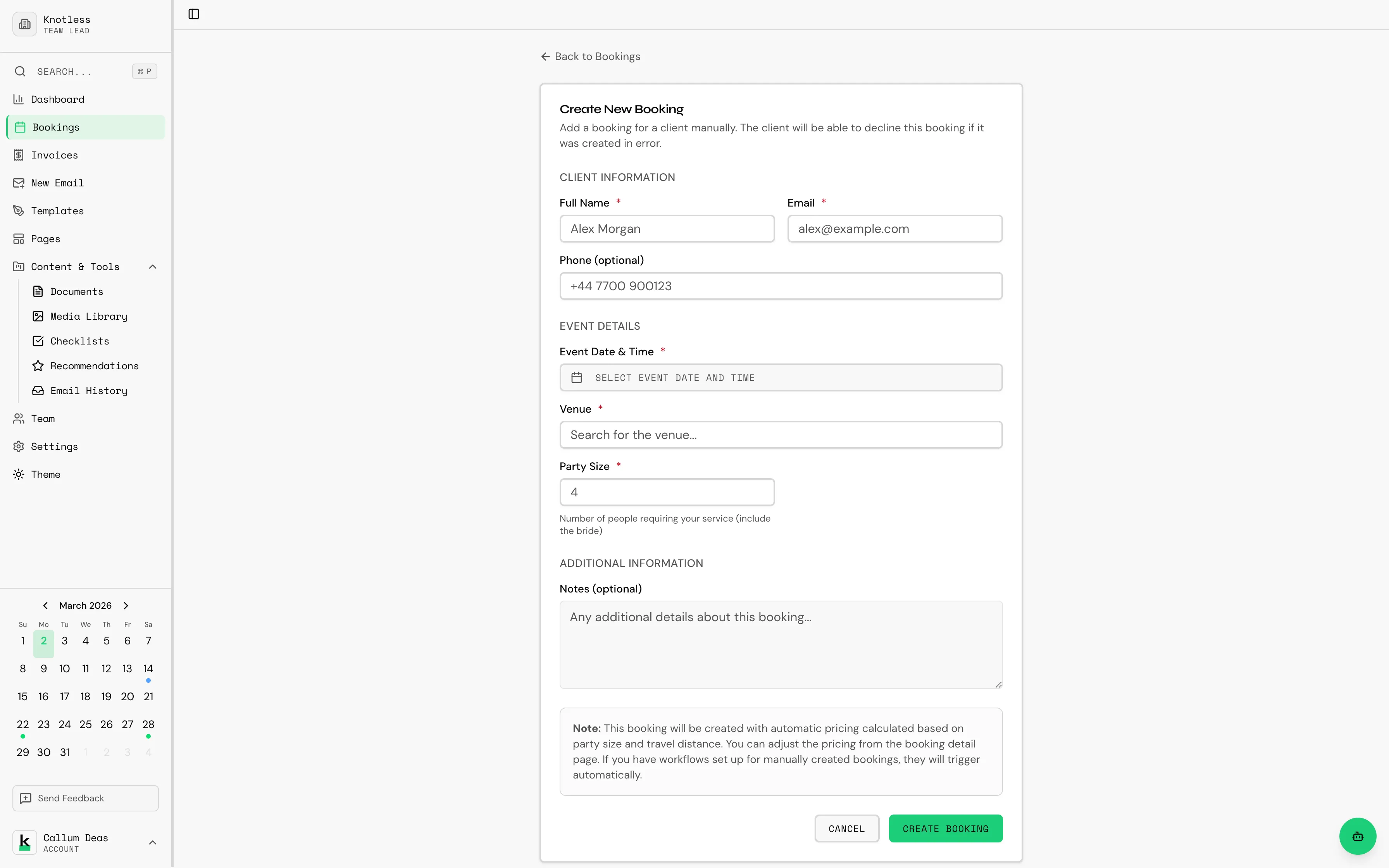 New booking form with fields filled in
