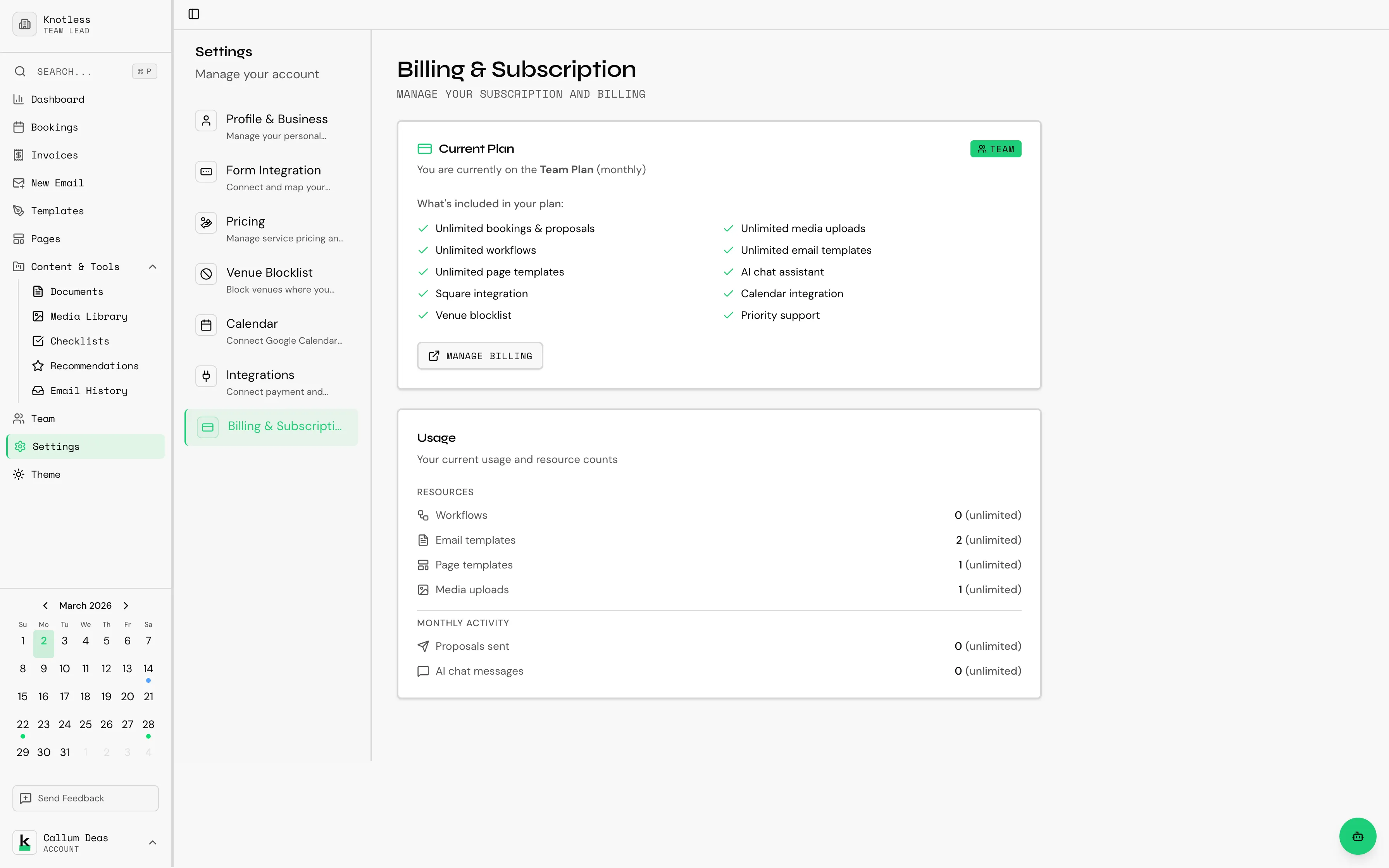 Billing settings page showing current plan and options