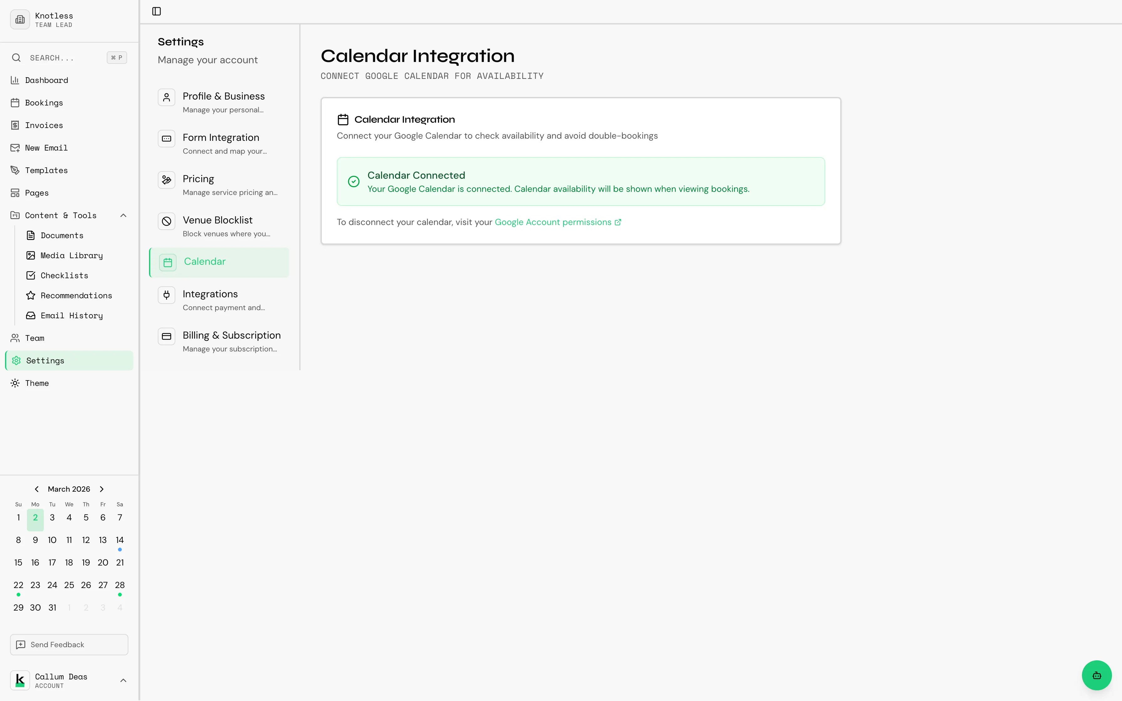 Calendar integration settings showing Google Calendar connection