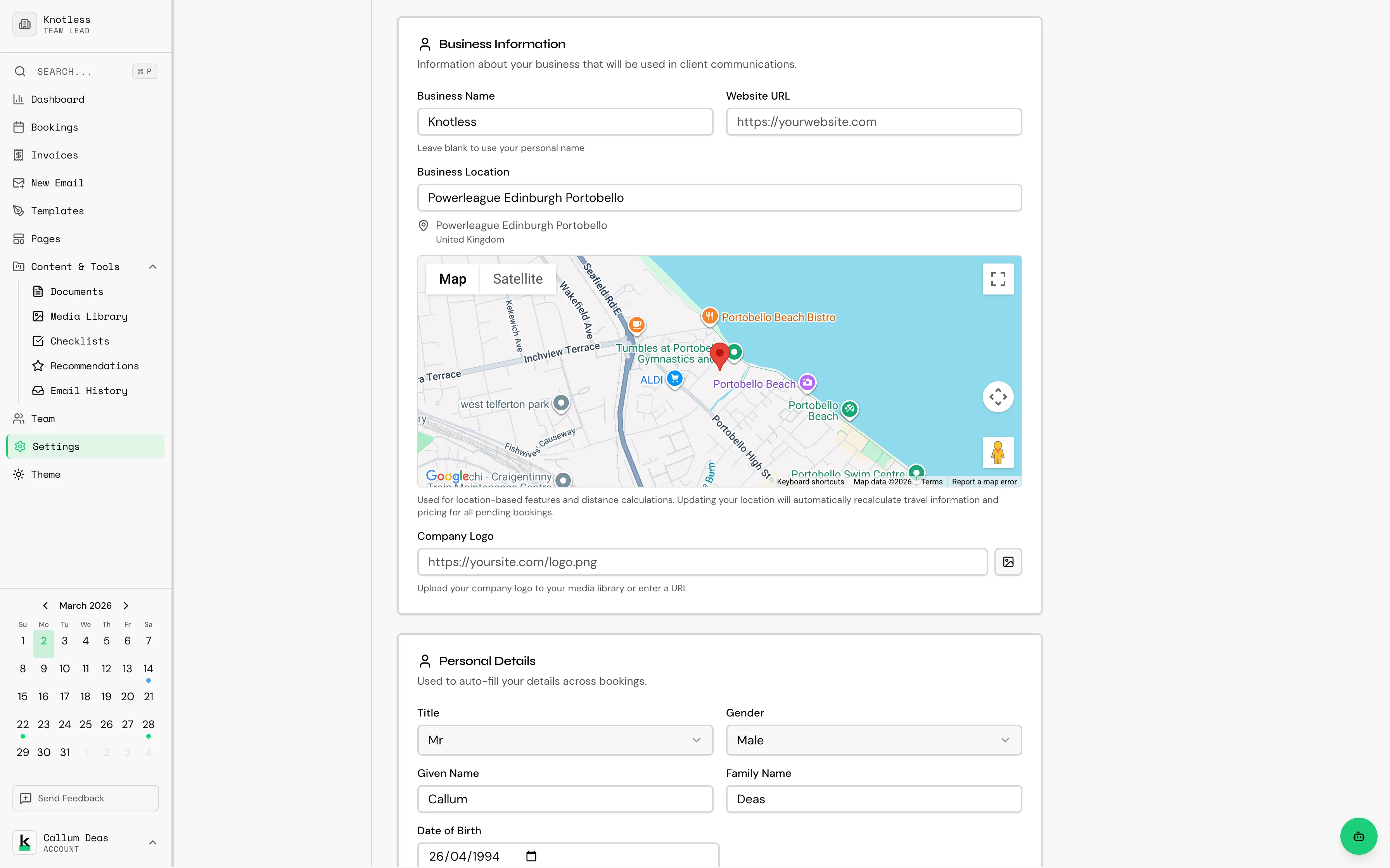 Business information section of settings