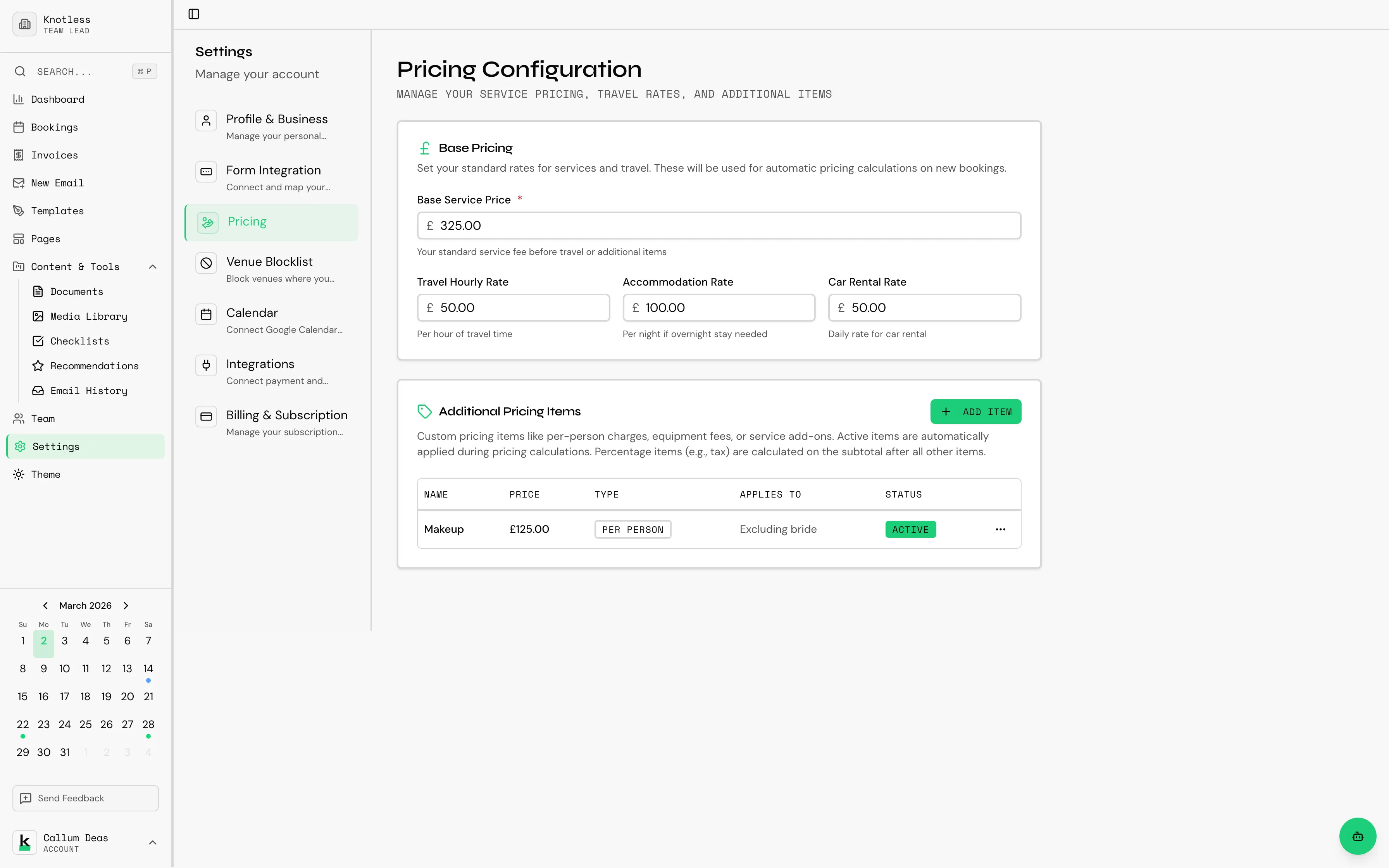 Pricing settings page showing services and rates