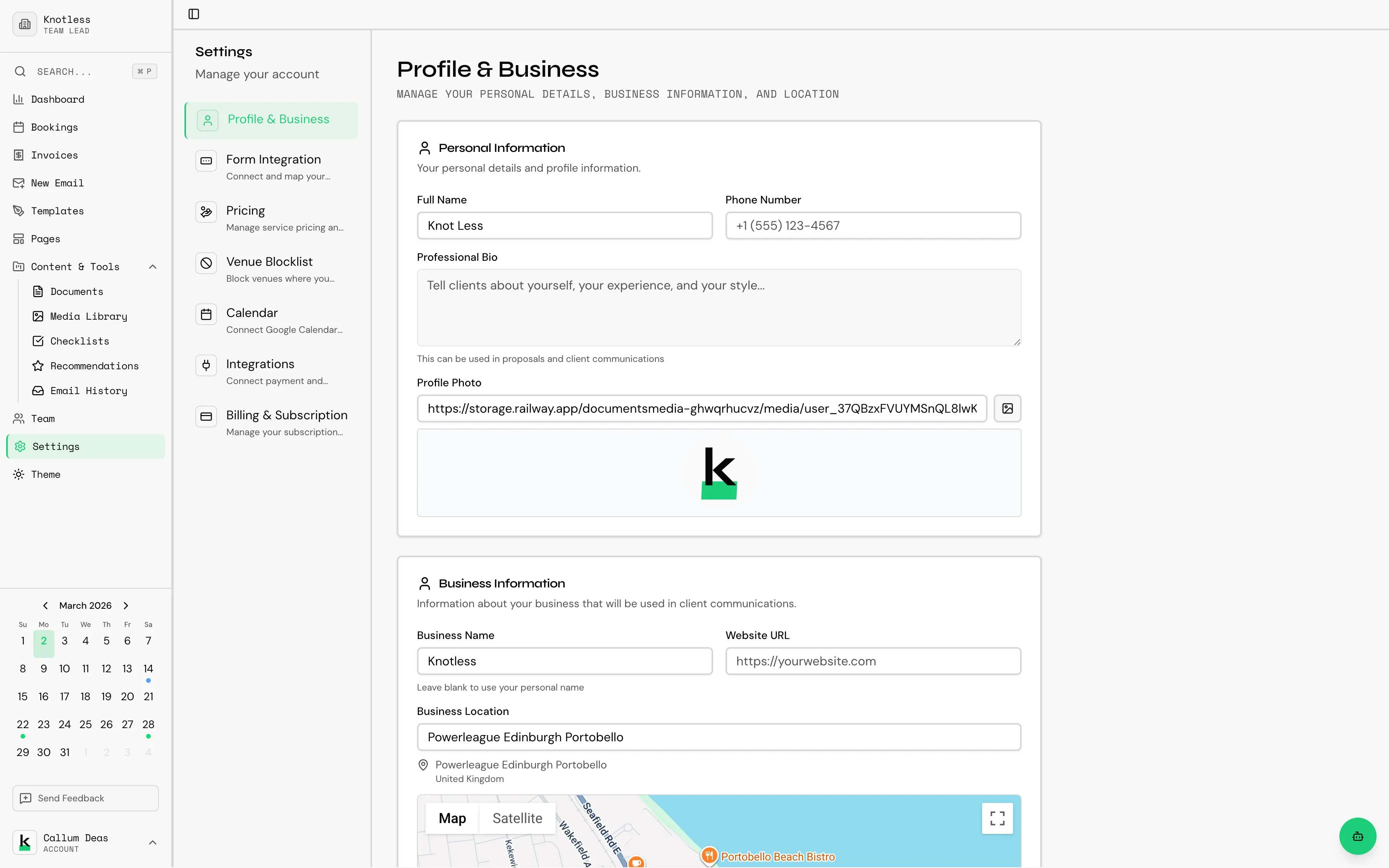Profile settings page showing personal details form