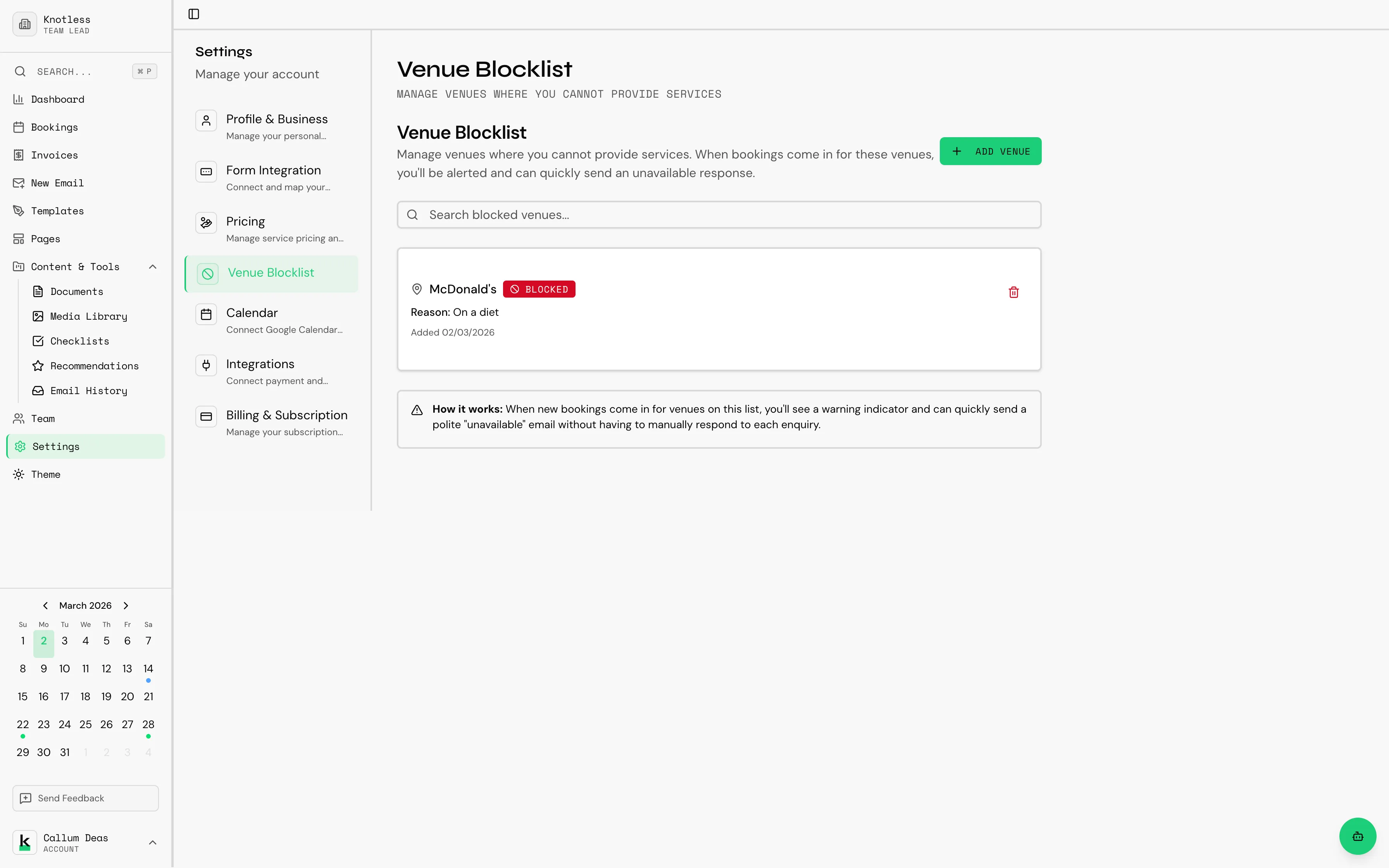 Venue blocklist settings
