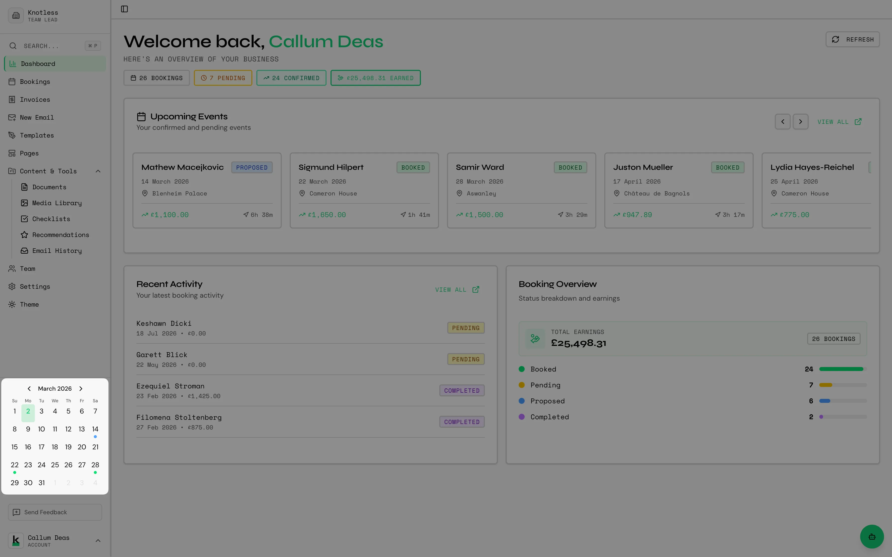 Sidebar mini calendar with booking indicators