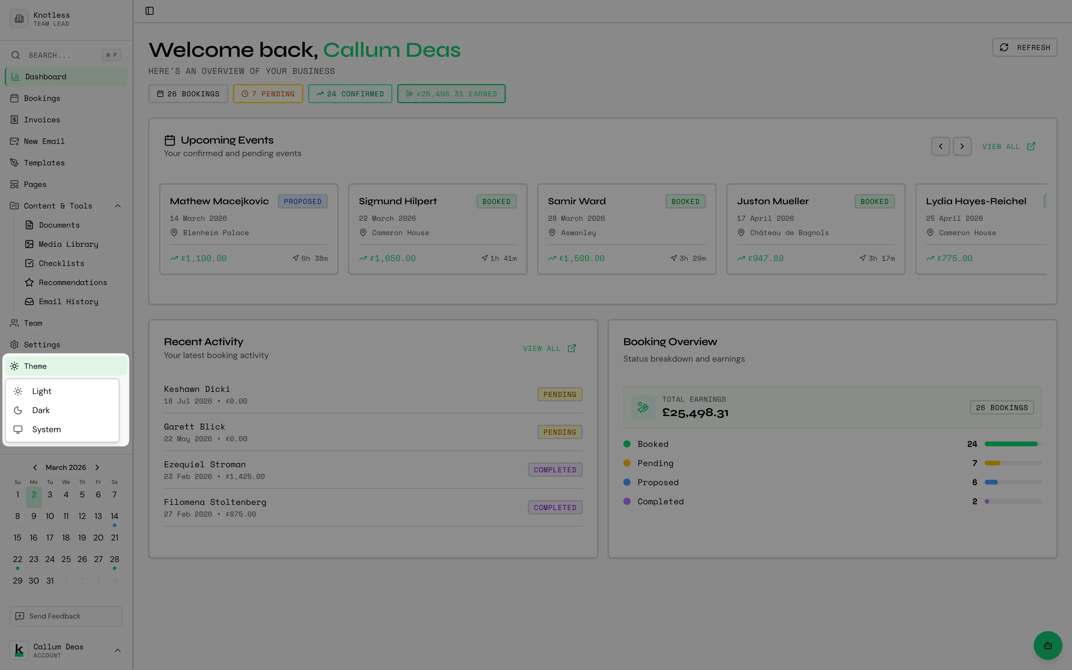 Theme picker showing light and dark options